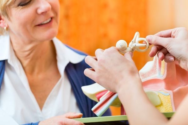 Eine Frau bekommt an einem Modell eines Ohres etwas erklärt